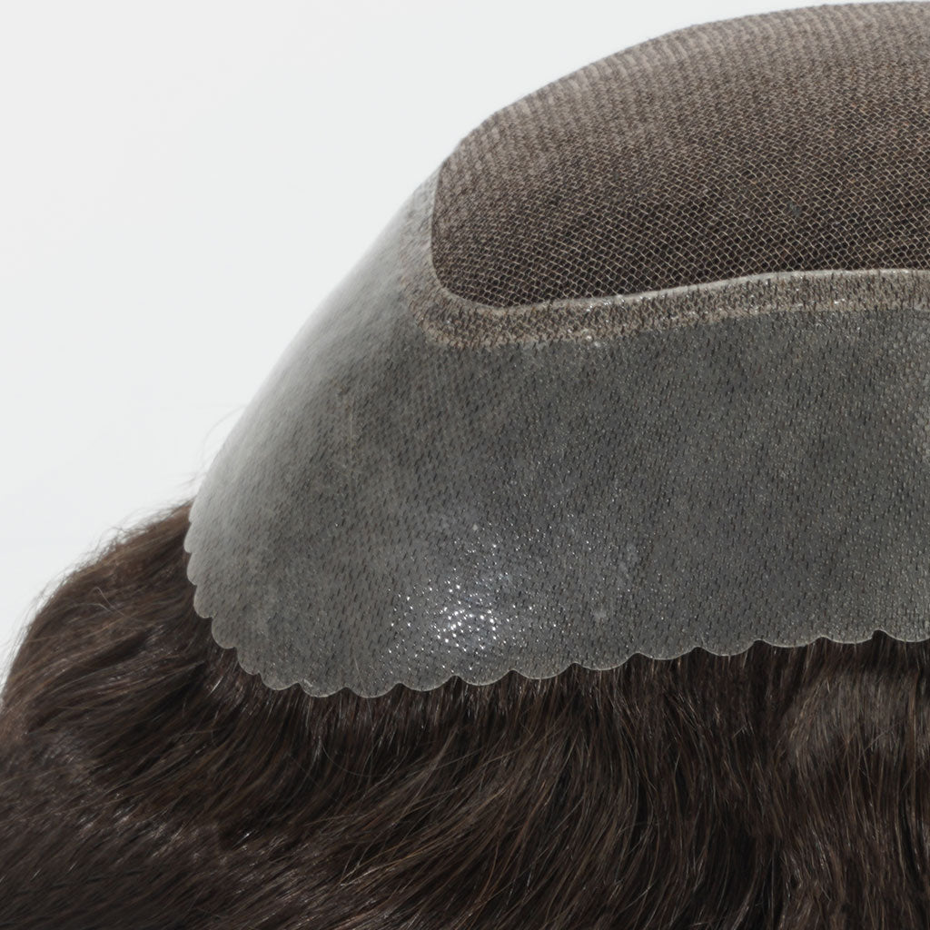 Close-up view of Scallop Front Mens Hair System base and hair