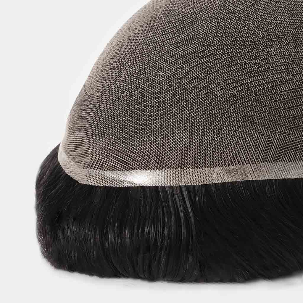 Close-up view of Full French lace hair system&