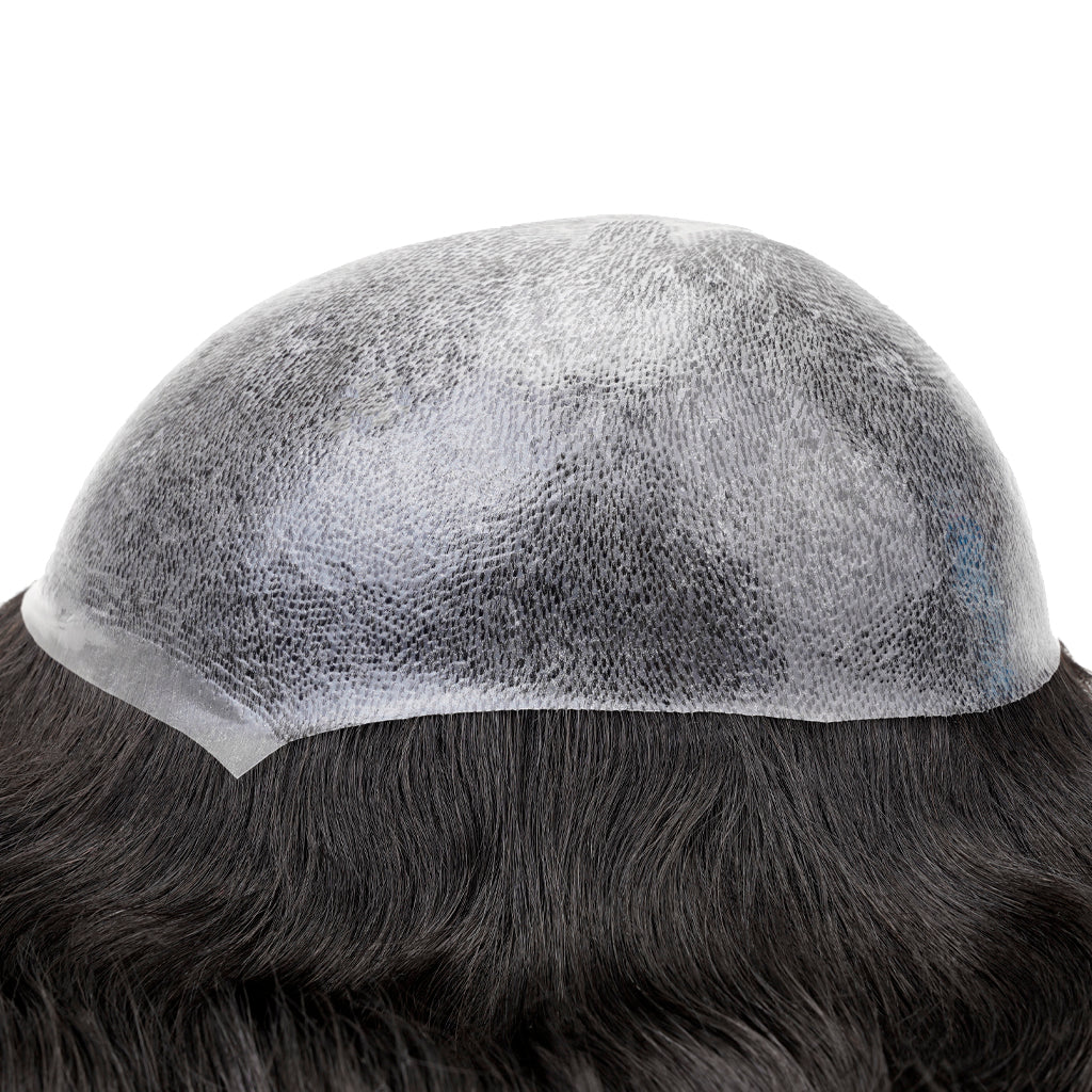 Showcasing base and hair strands of Thin skin hair piece for men 