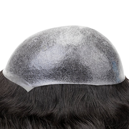 Showcasing base and hair strands of Thin skin hair piece for men 