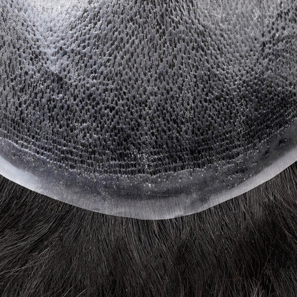 Close-up view of Injected PU thin skin hair piece&